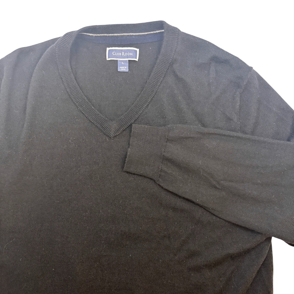 Club Room Mens V-Neck Sweater Black Merino Wool Blend Pullover Size L